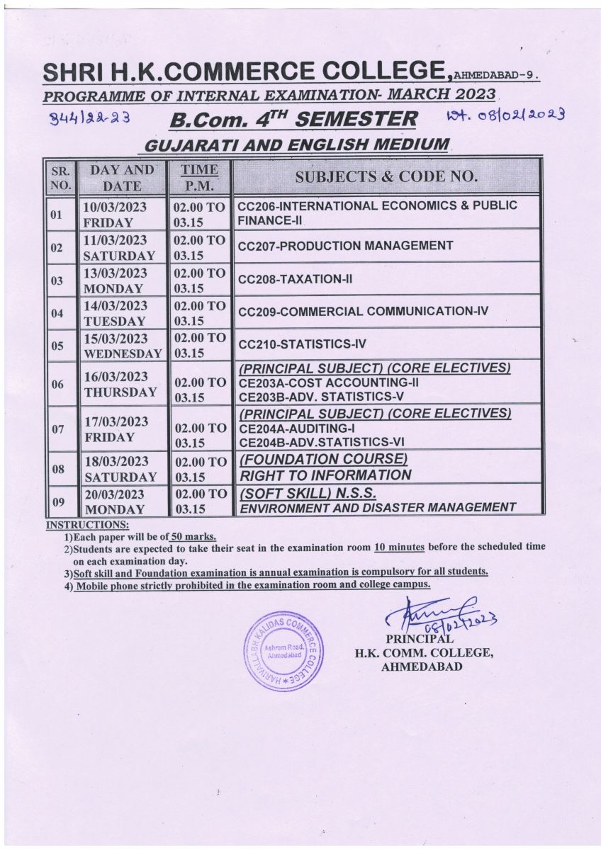 TIME TABLE BCOM SEM 6 INTERNAL EXAMINATION DATE_08_02_2023